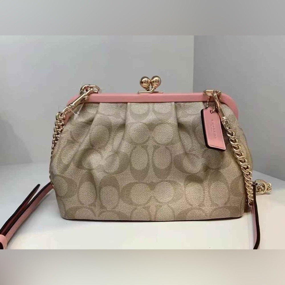 Coach Beige Signature Canvas Crossbody with Pink Trim